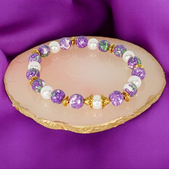 Mother of Pearl Rain Flower Jasper Crystal Bracelet Purple White Green Y2K Plum - Picture 1 of 11